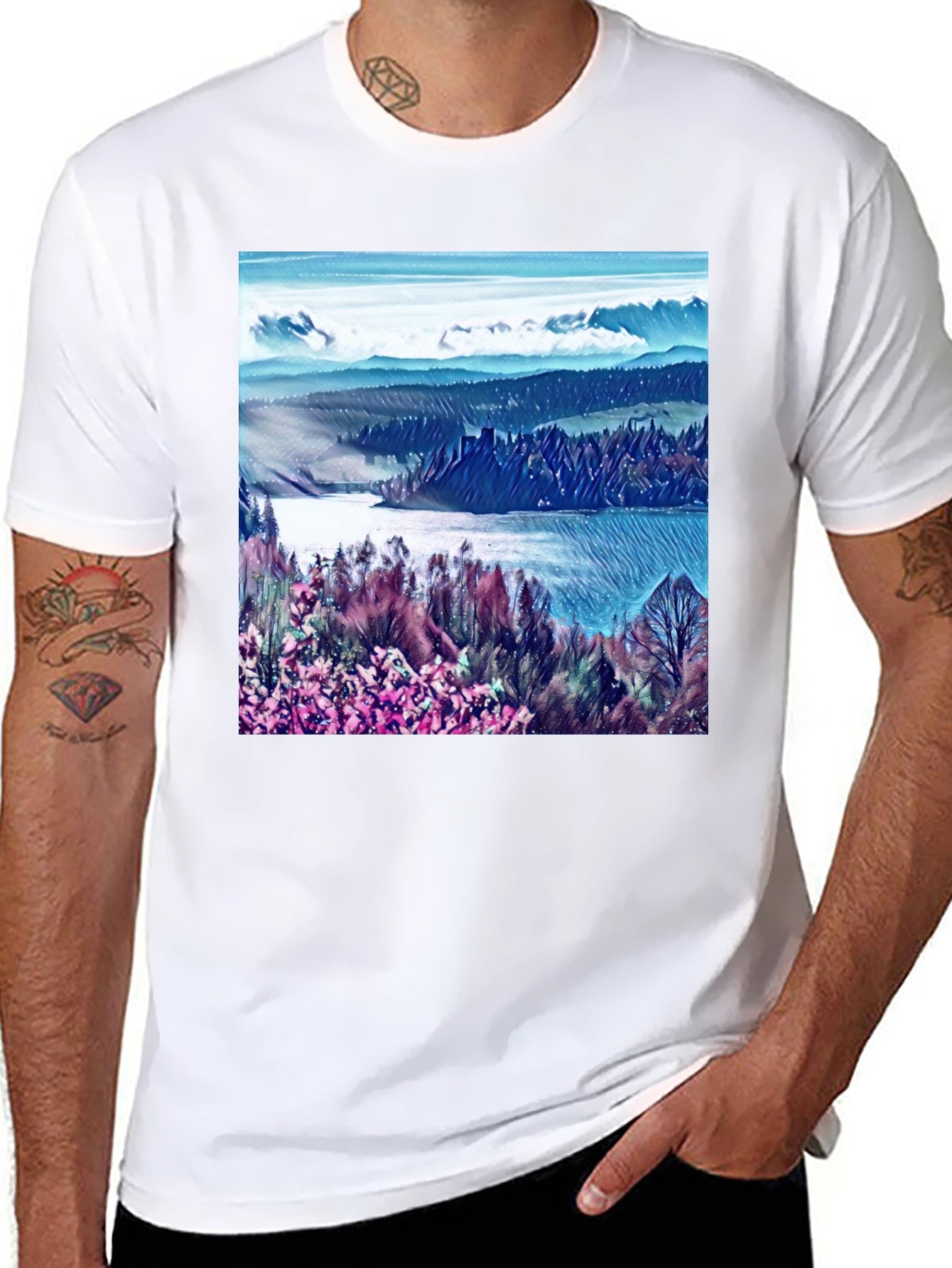Artistic Landscape Print Black T-Shirt