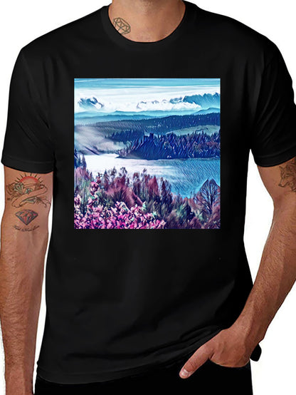 Artistic Landscape Print Black T-Shirt