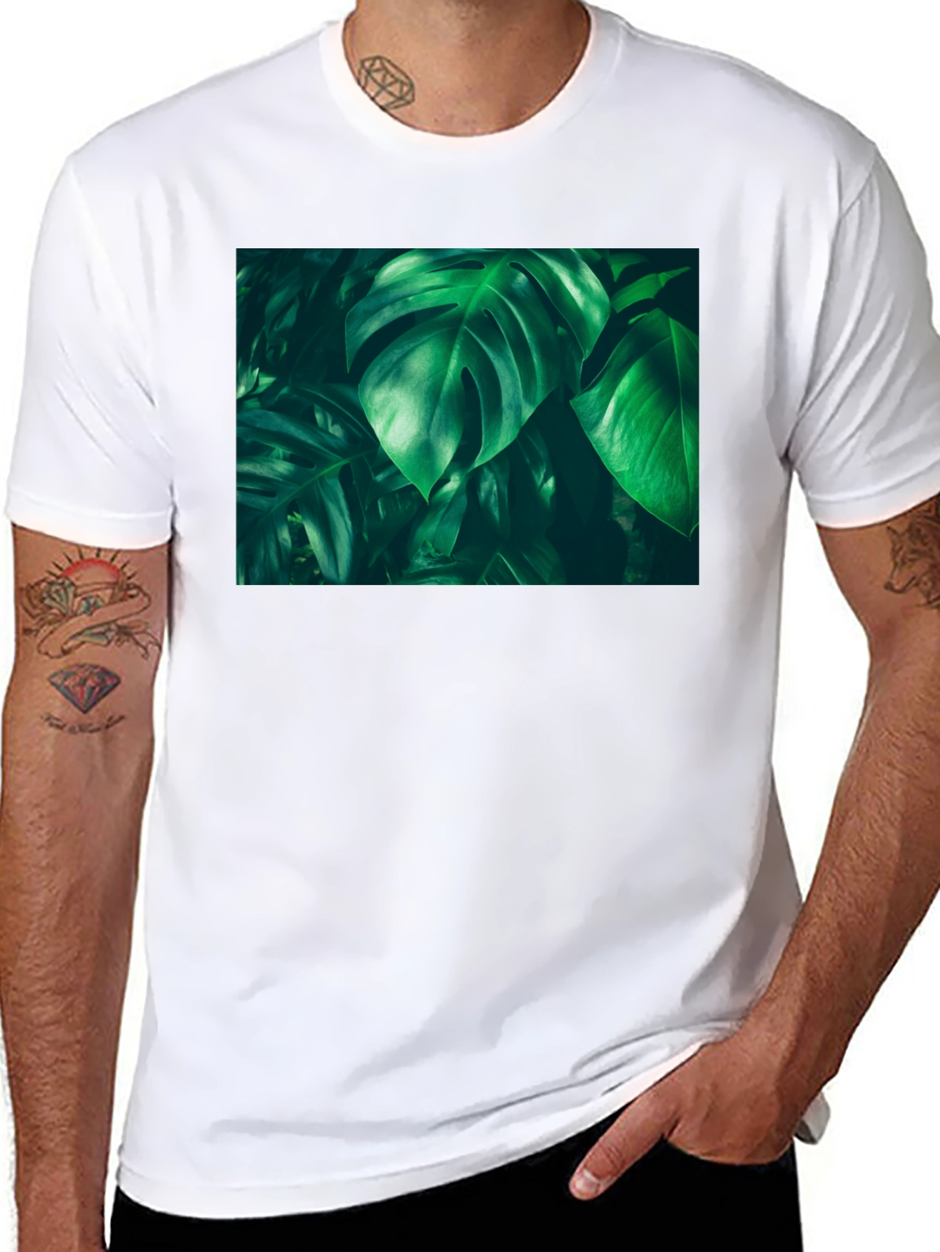 Tropical Leaf Print Black T-Shirt