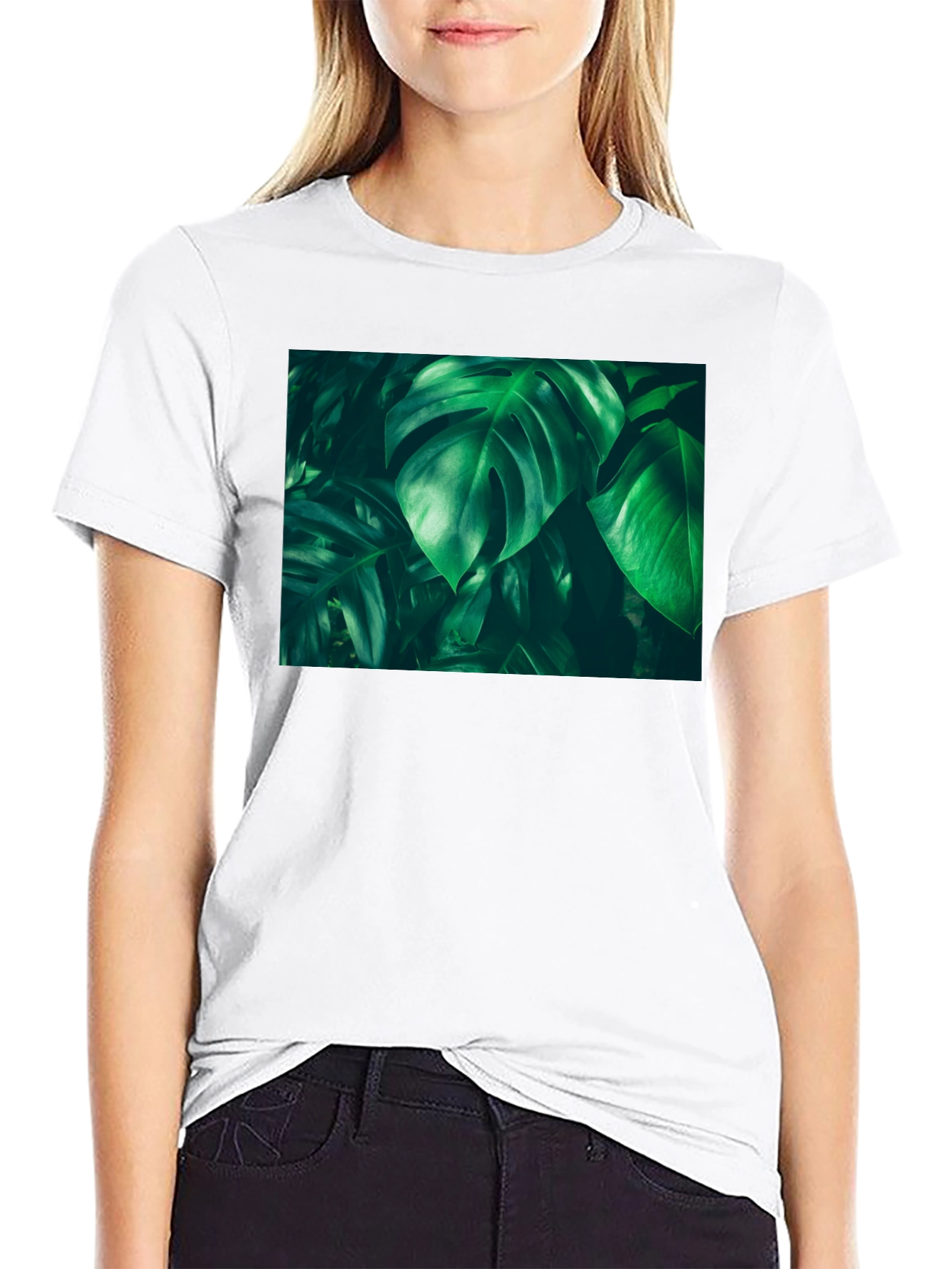 Tropical Leaf Print Black T-Shirt