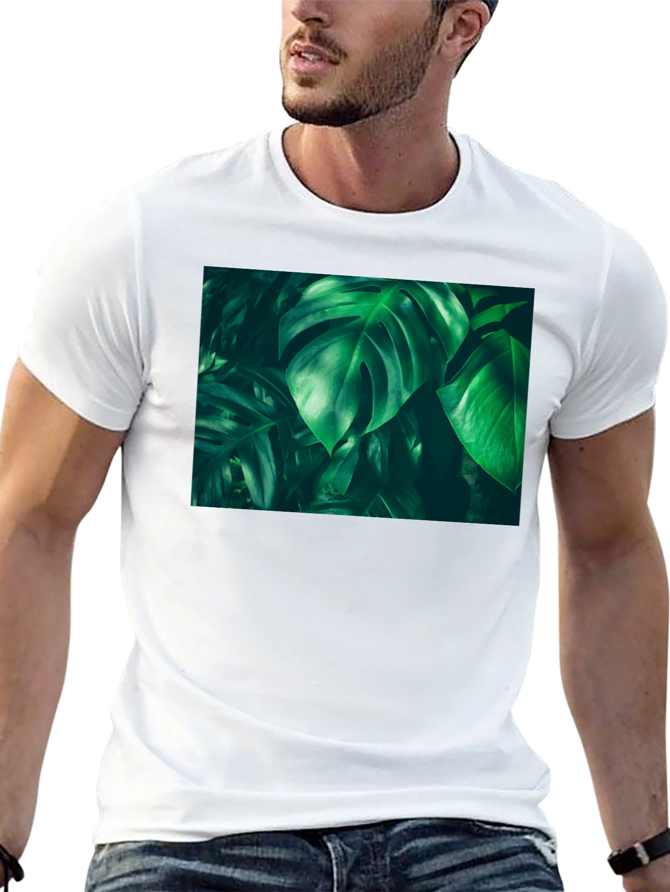 Tropical Leaf Print Black T-Shirt