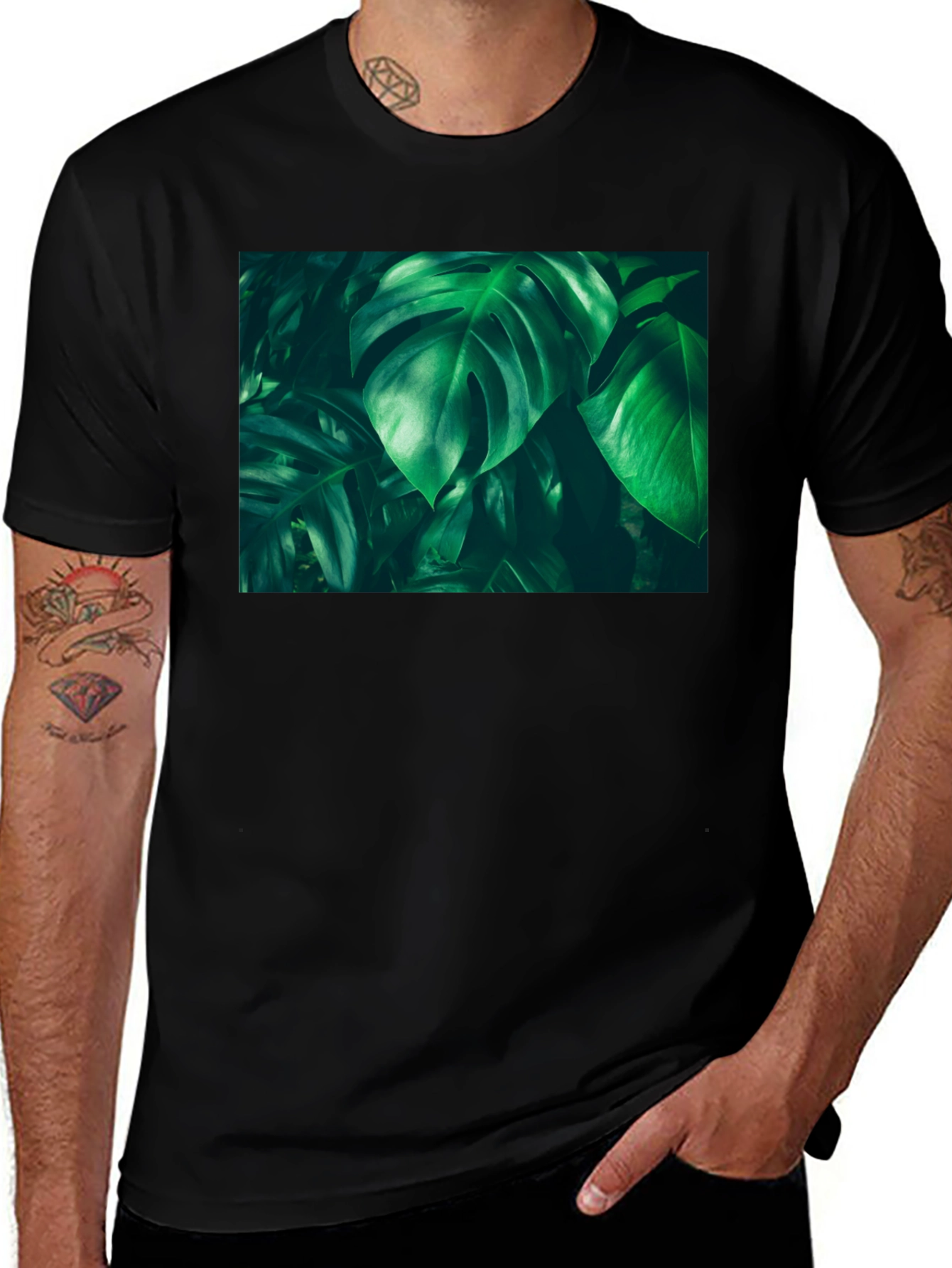 Tropical Leaf Print Black T-Shirt
