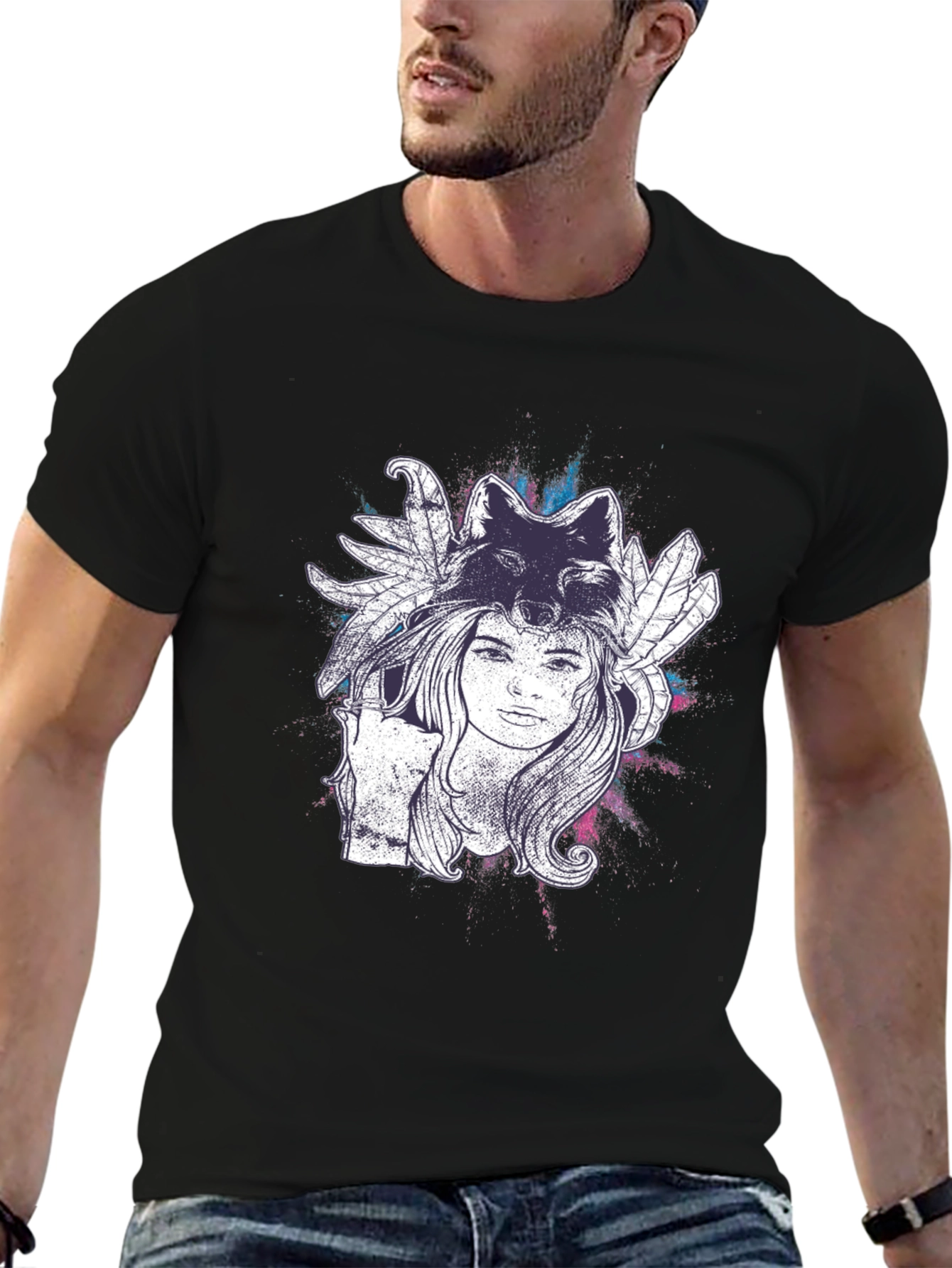 Wolf Spirit Graphic Tee - Black Cotton T-Shirt