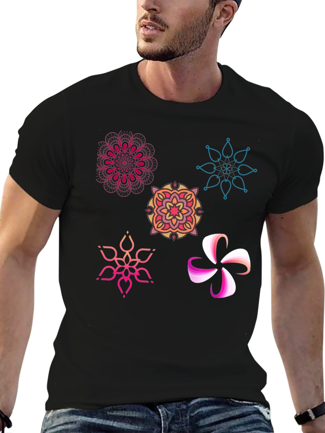 Abstract Floral Design Black T-Shirt