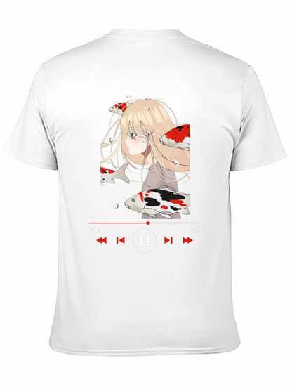Anime Girl Koi Fish Music Player Black T-Shirt