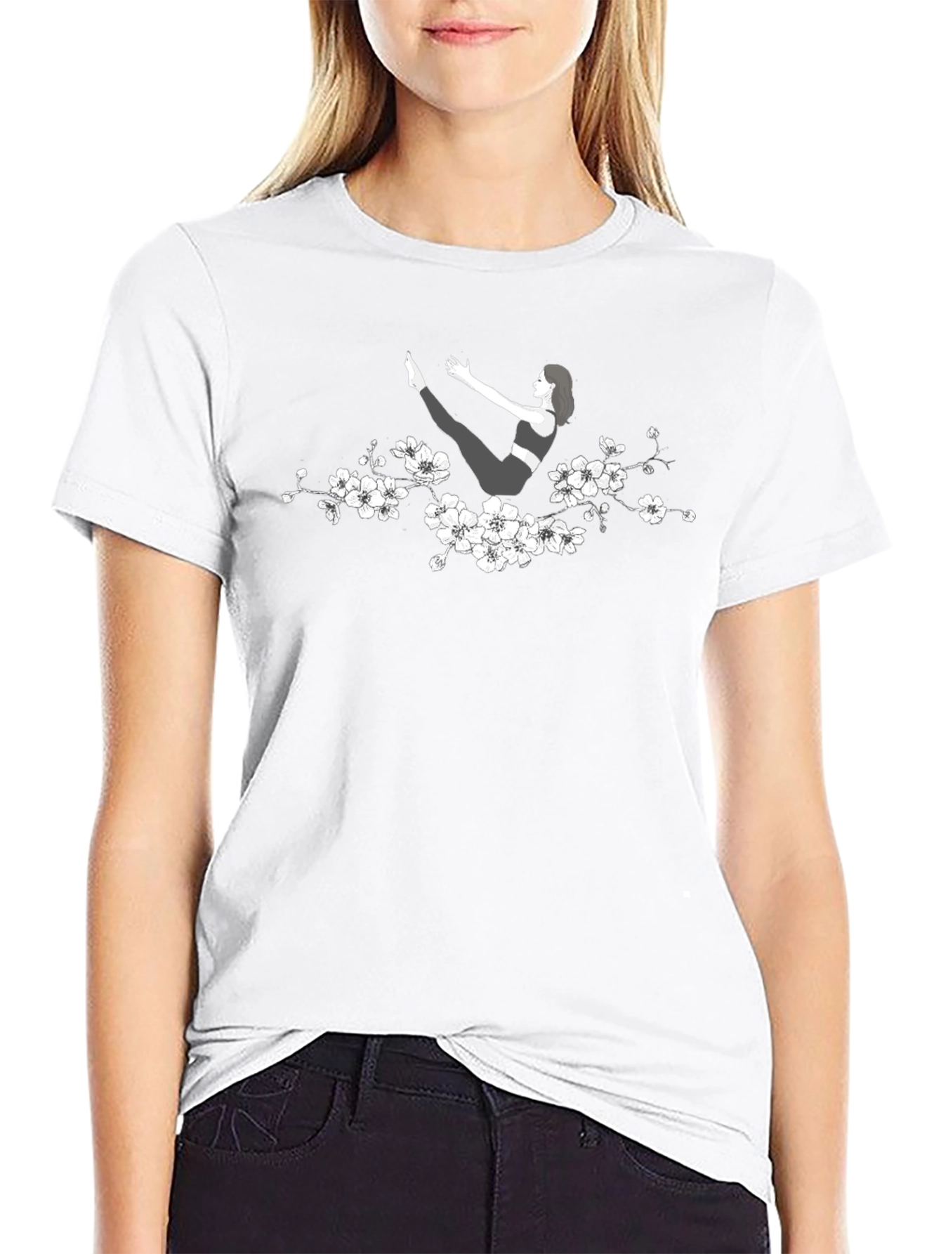 Yoga Pose T-Shirt with Floral Accent