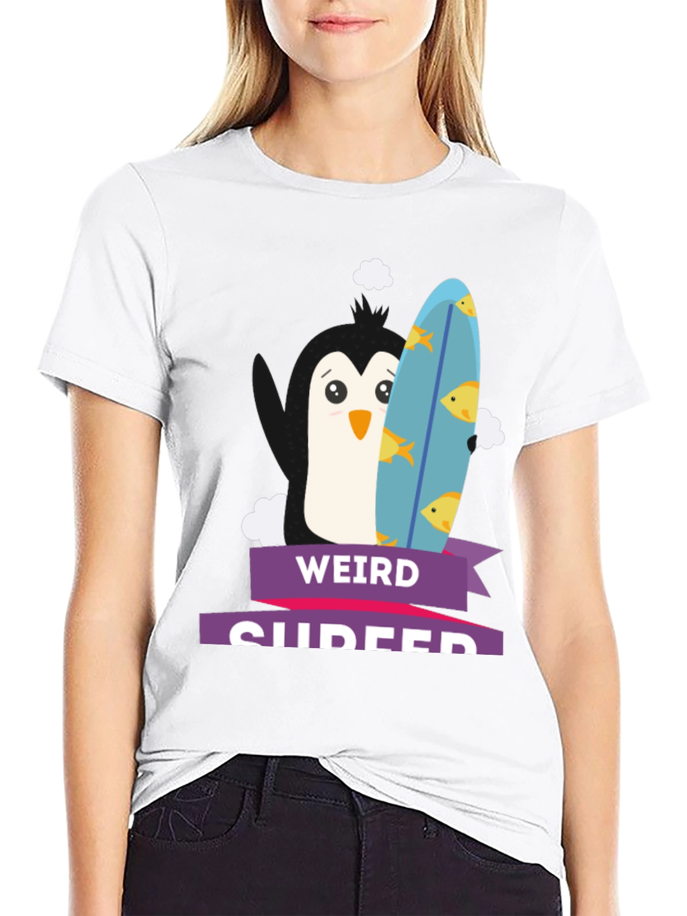 Weird Surfer Graphic Tee - Unique Penguin Design