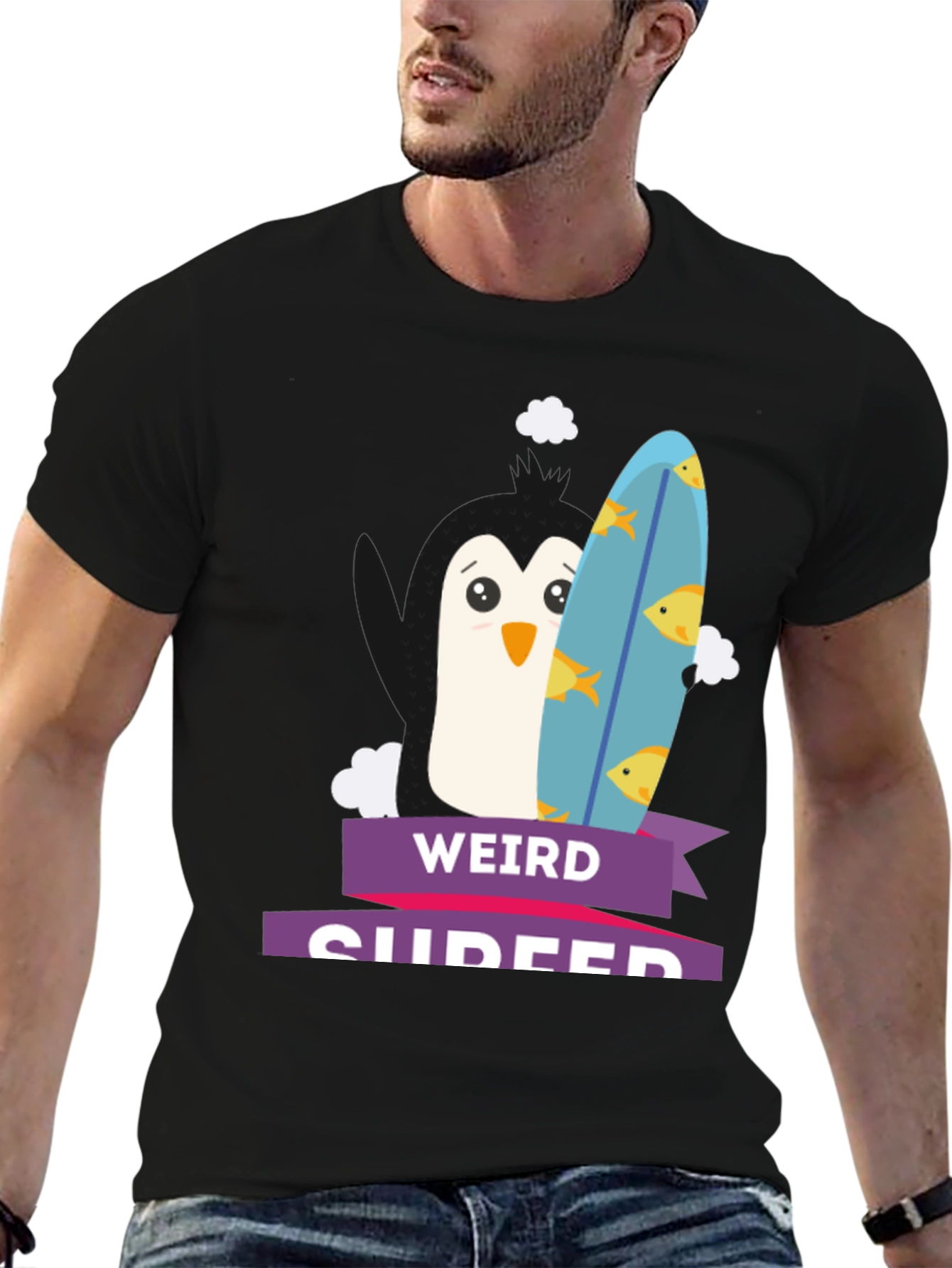 Weird Surfer Graphic Tee - Unique Penguin Design