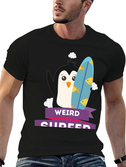 Weird Surfer Graphic Tee - Unique Penguin Design