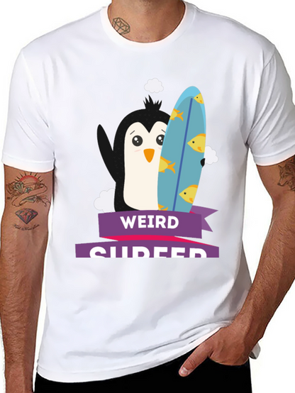 Weird Surfer Graphic Tee - Unique Penguin Design