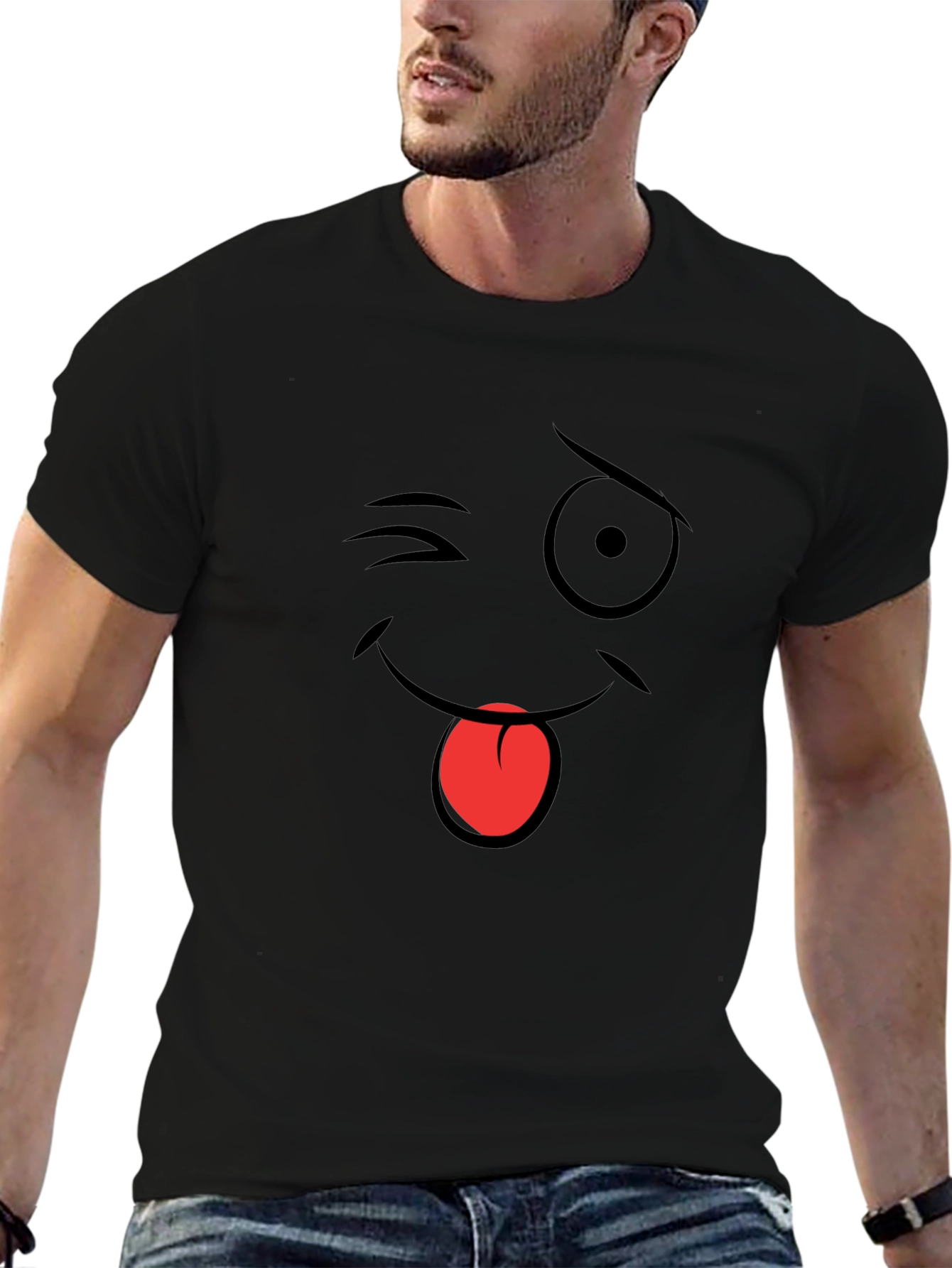 Winking Emoji Graphic T-Shirt - Black Cotton Blend