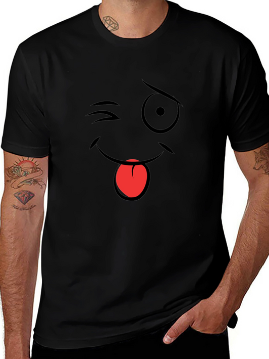 Winking Emoji Graphic T-Shirt - Black Cotton Blend