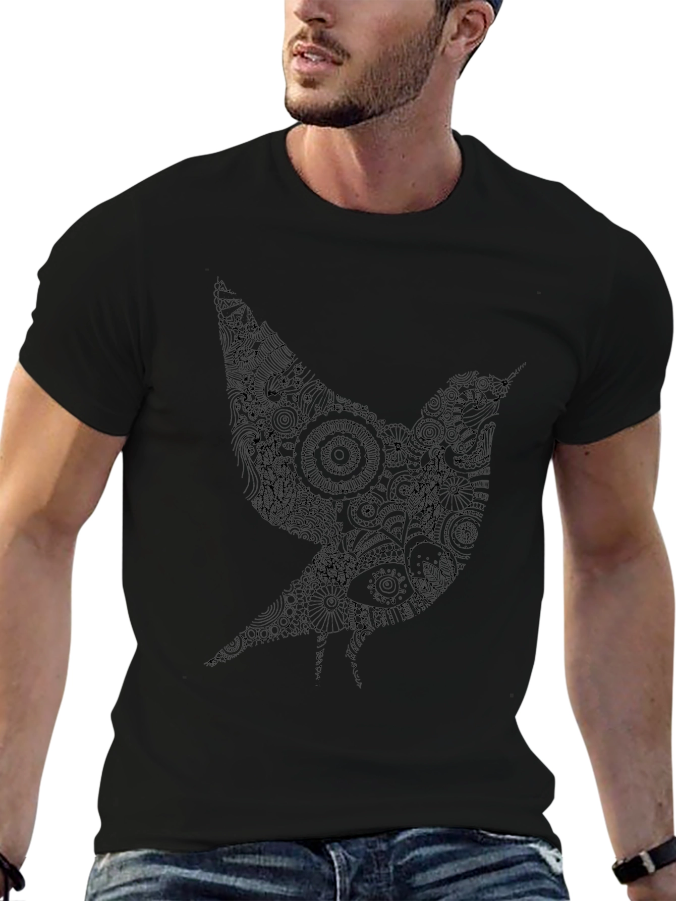 Artistic Bird Graphic Black T-Shirt