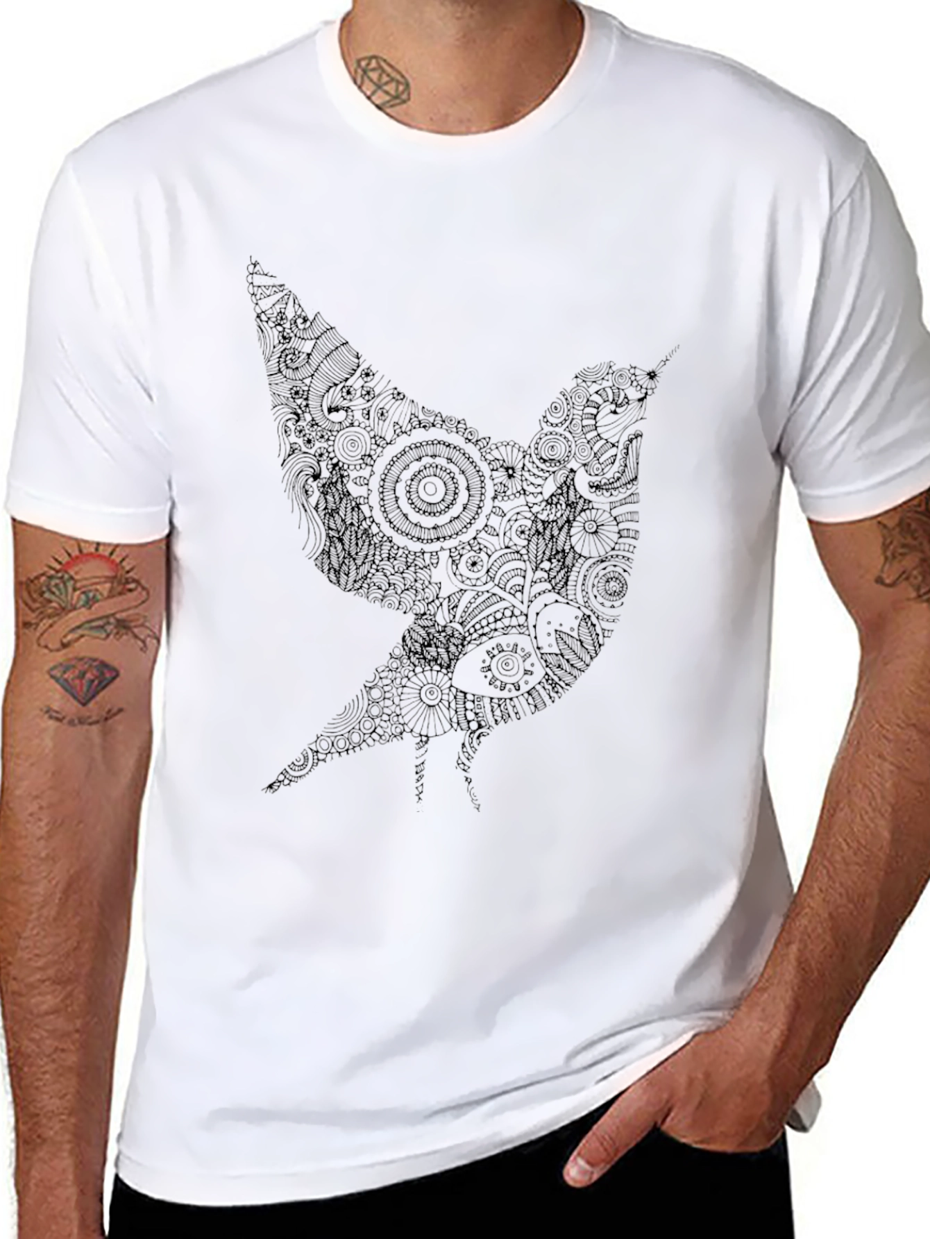 Artistic Bird Graphic Black T-Shirt