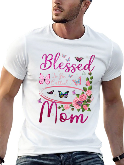 Blessed Mom Graphic T-Shirt - Floral Butterfly Design