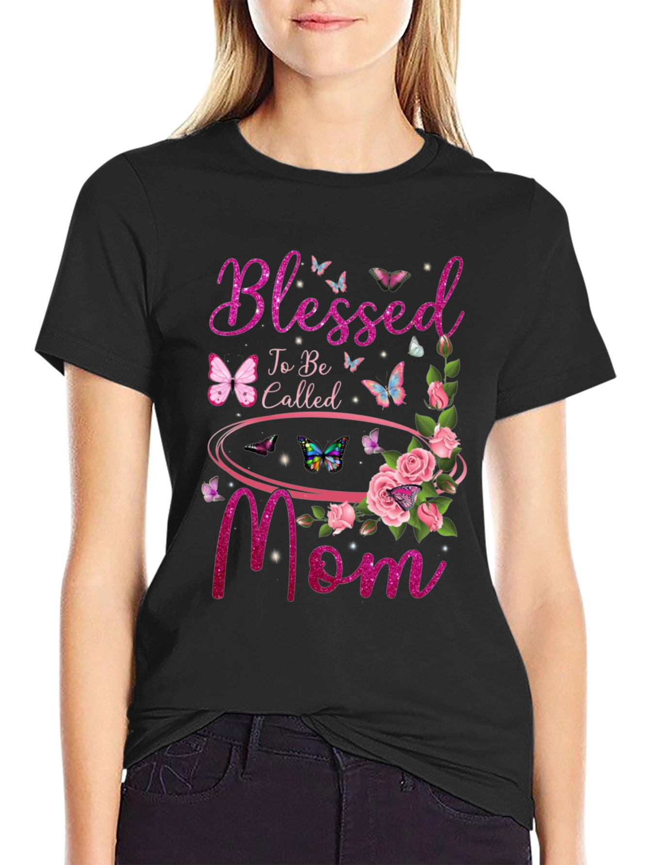 Blessed Mom Graphic T-Shirt - Floral Butterfly Design
