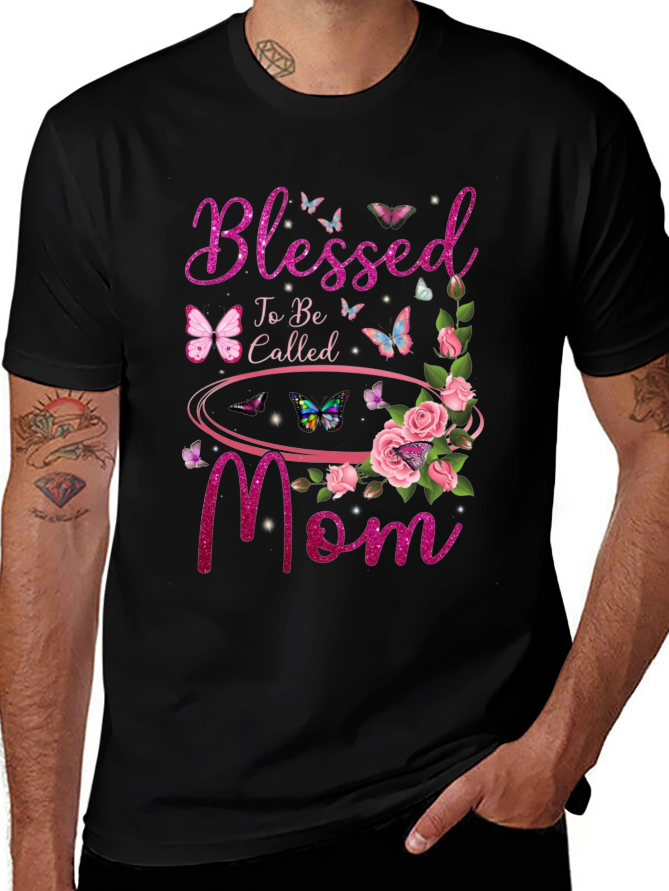 Blessed Mom Graphic T-Shirt - Floral Butterfly Design