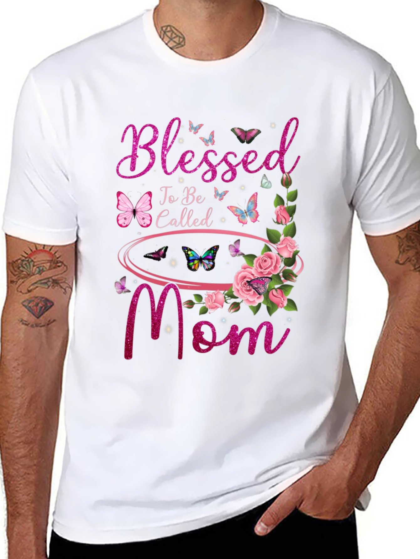 Blessed Mom Graphic T-Shirt - Floral Butterfly Design