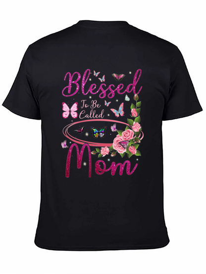Blessed Mom Graphic T-Shirt - Floral Butterfly Design