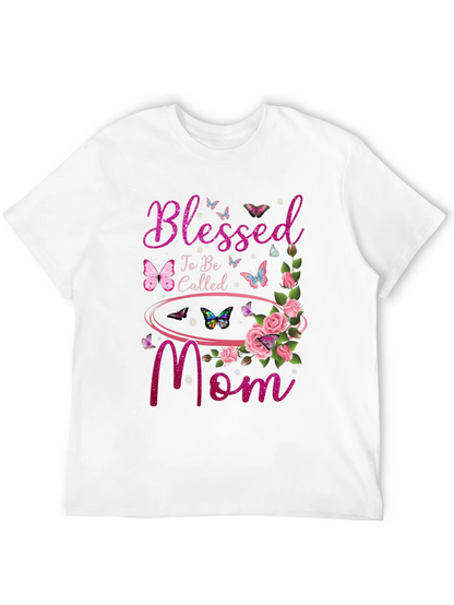 Blessed Mom Graphic T-Shirt - Floral Butterfly Design