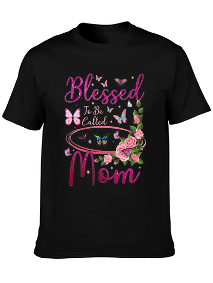 Blessed Mom Graphic T-Shirt - Floral Butterfly Design