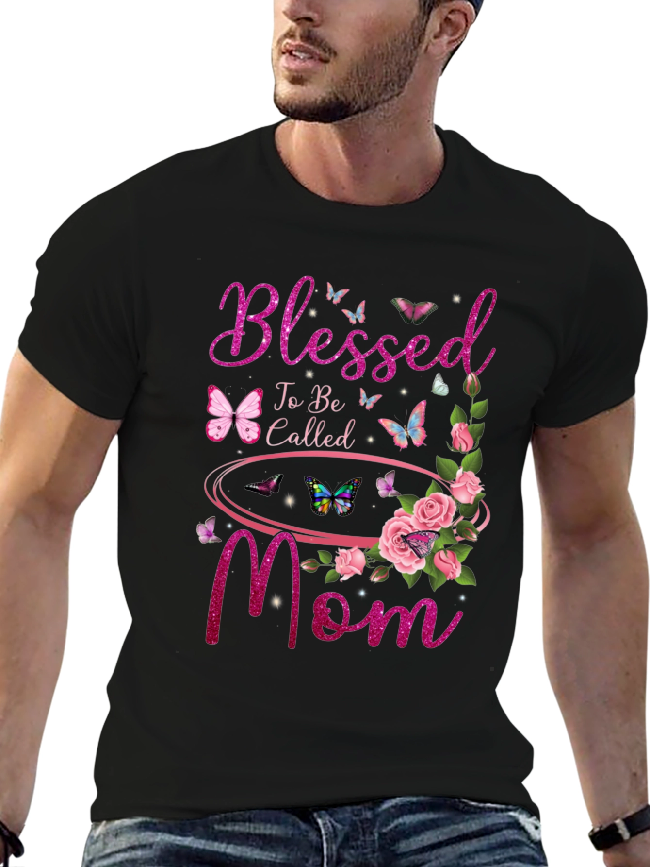 Blessed Mom Graphic T-Shirt - Floral Butterfly Design