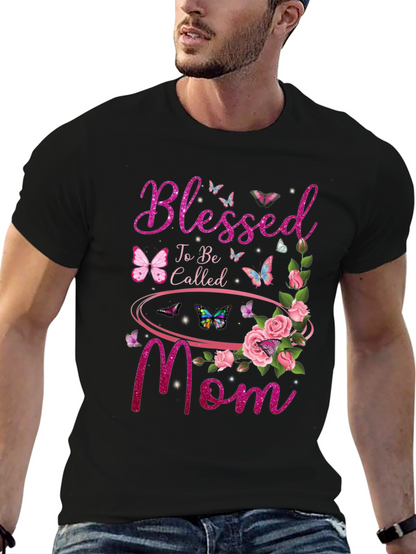 Blessed Mom Graphic T-Shirt - Floral Butterfly Design