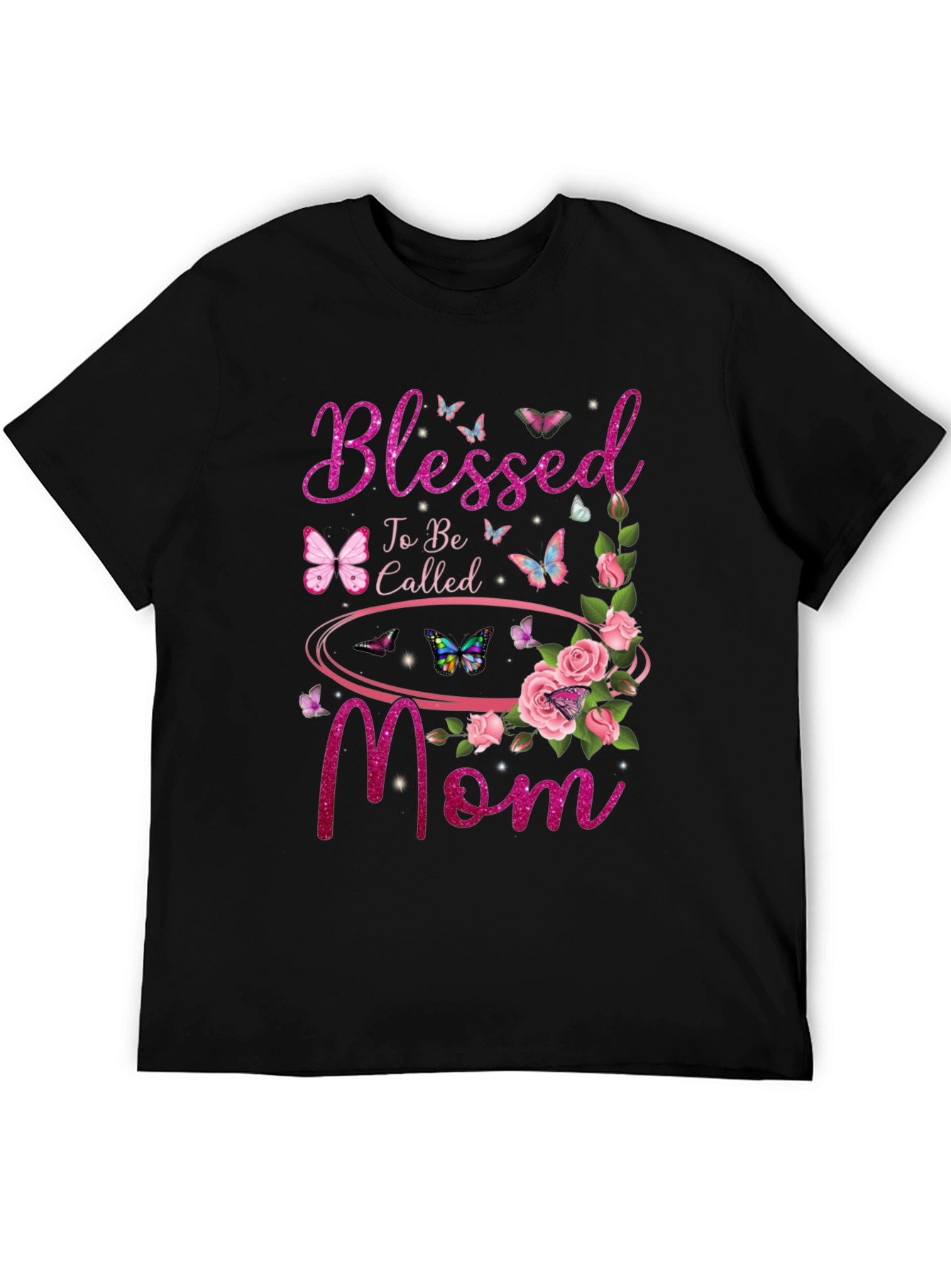 Blessed Mom Graphic T-Shirt - Floral Butterfly Design