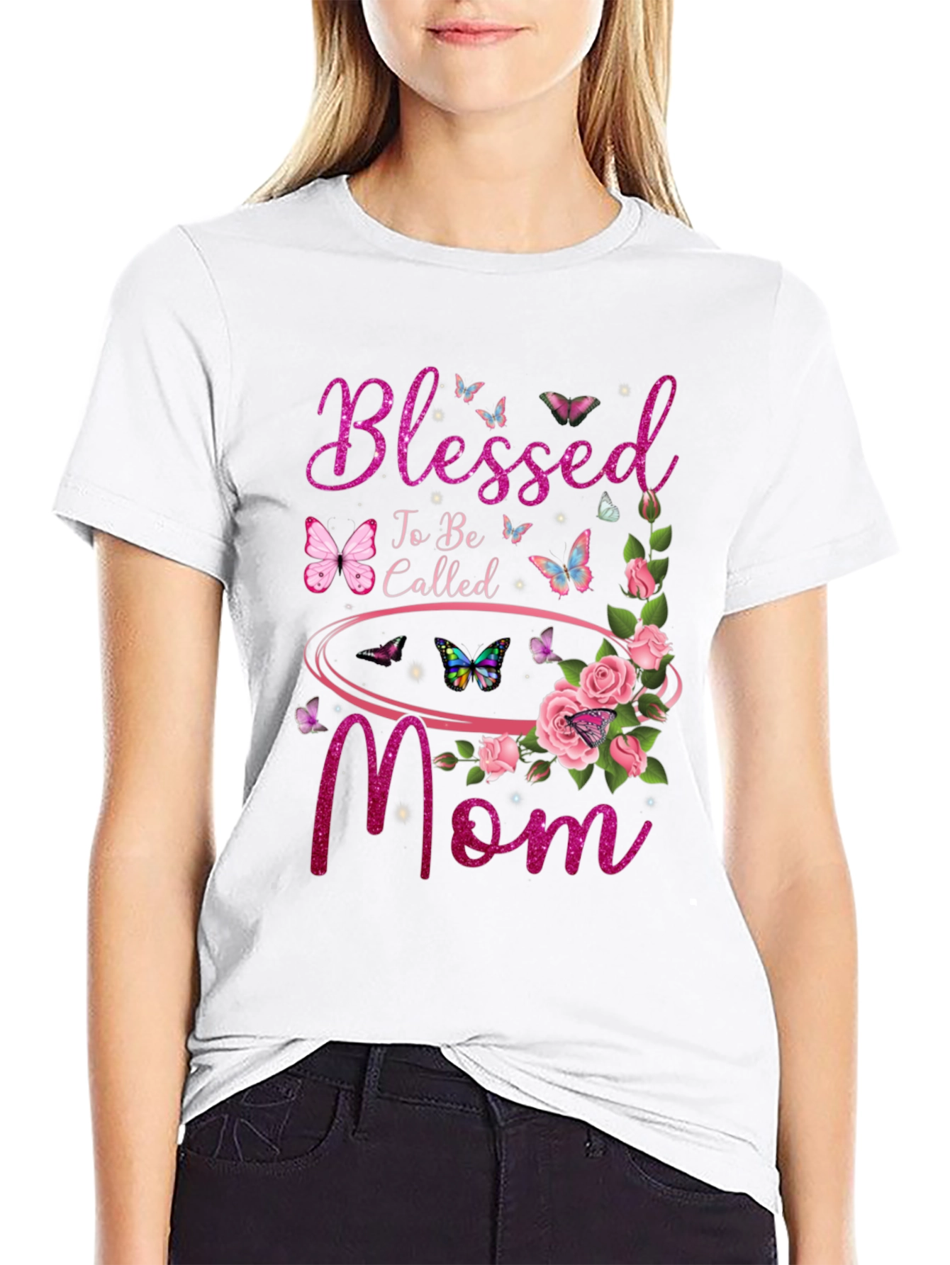Blessed Mom Graphic T-Shirt - Floral Butterfly Design