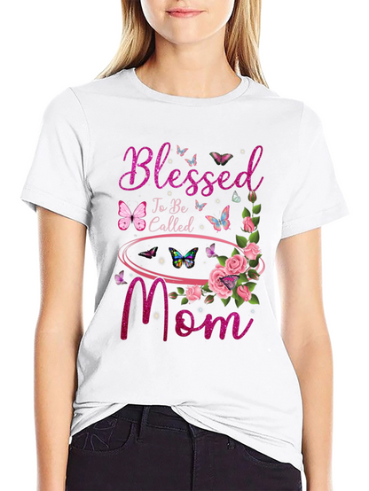 Blessed Mom Graphic T-Shirt - Floral Butterfly Design