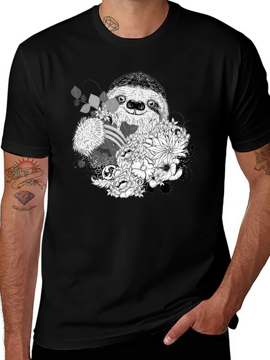 Sloth & Floral Graphic Tee - Stylish Black T-Shirt