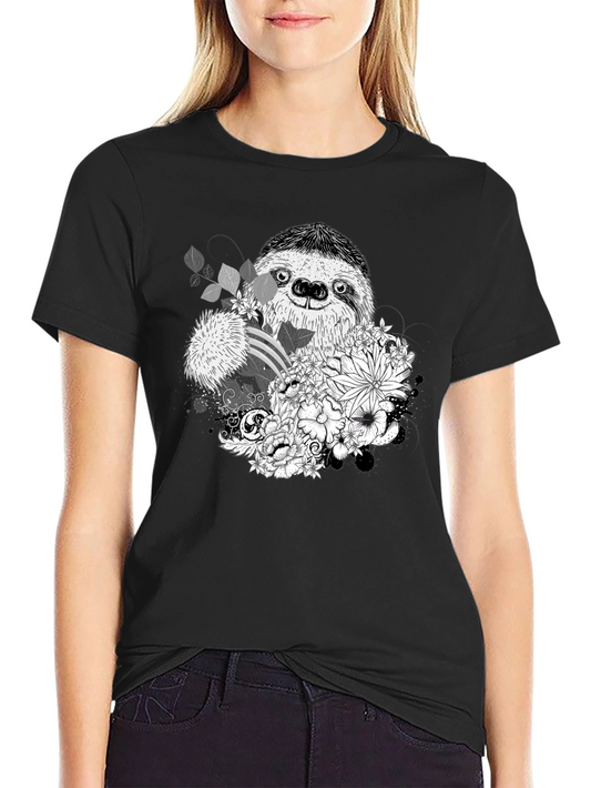 Sloth & Floral Graphic Tee - Stylish Black T-Shirt