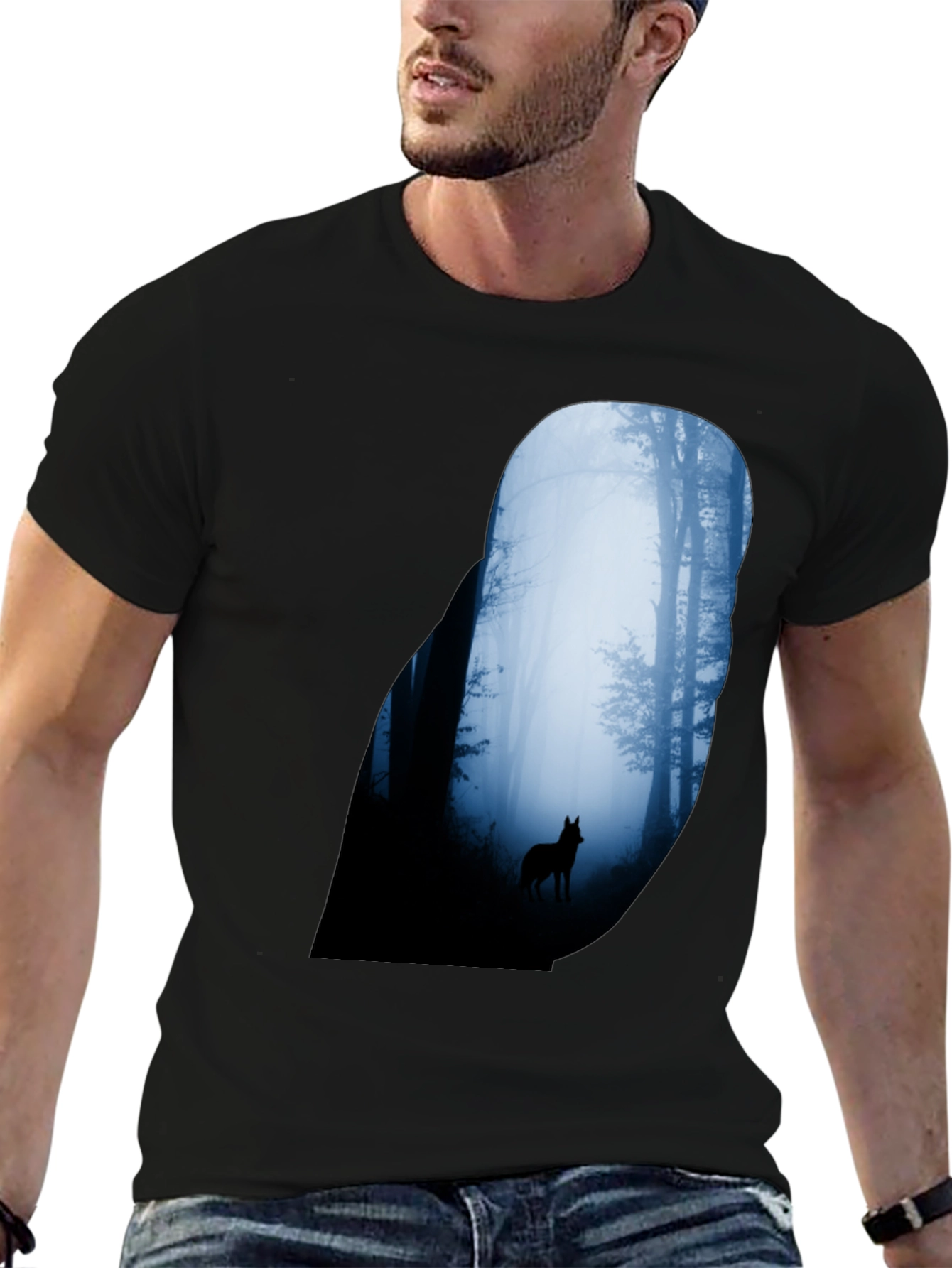 Wolf Silhouette Forest Graphic Tee - Black