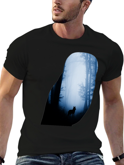 Wolf Silhouette Forest Graphic Tee - Black