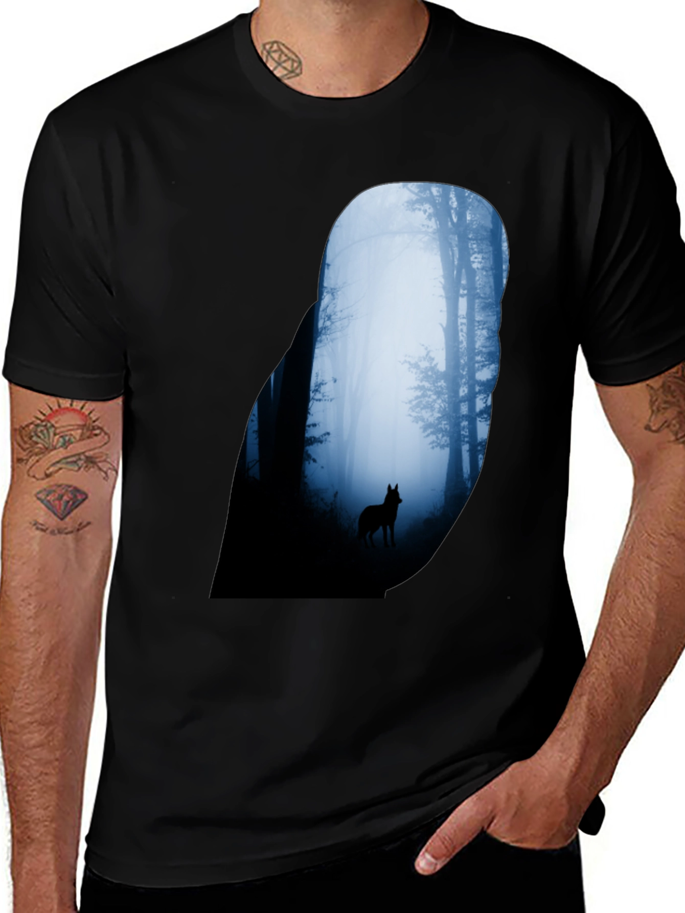Wolf Silhouette Forest Graphic Tee - Black