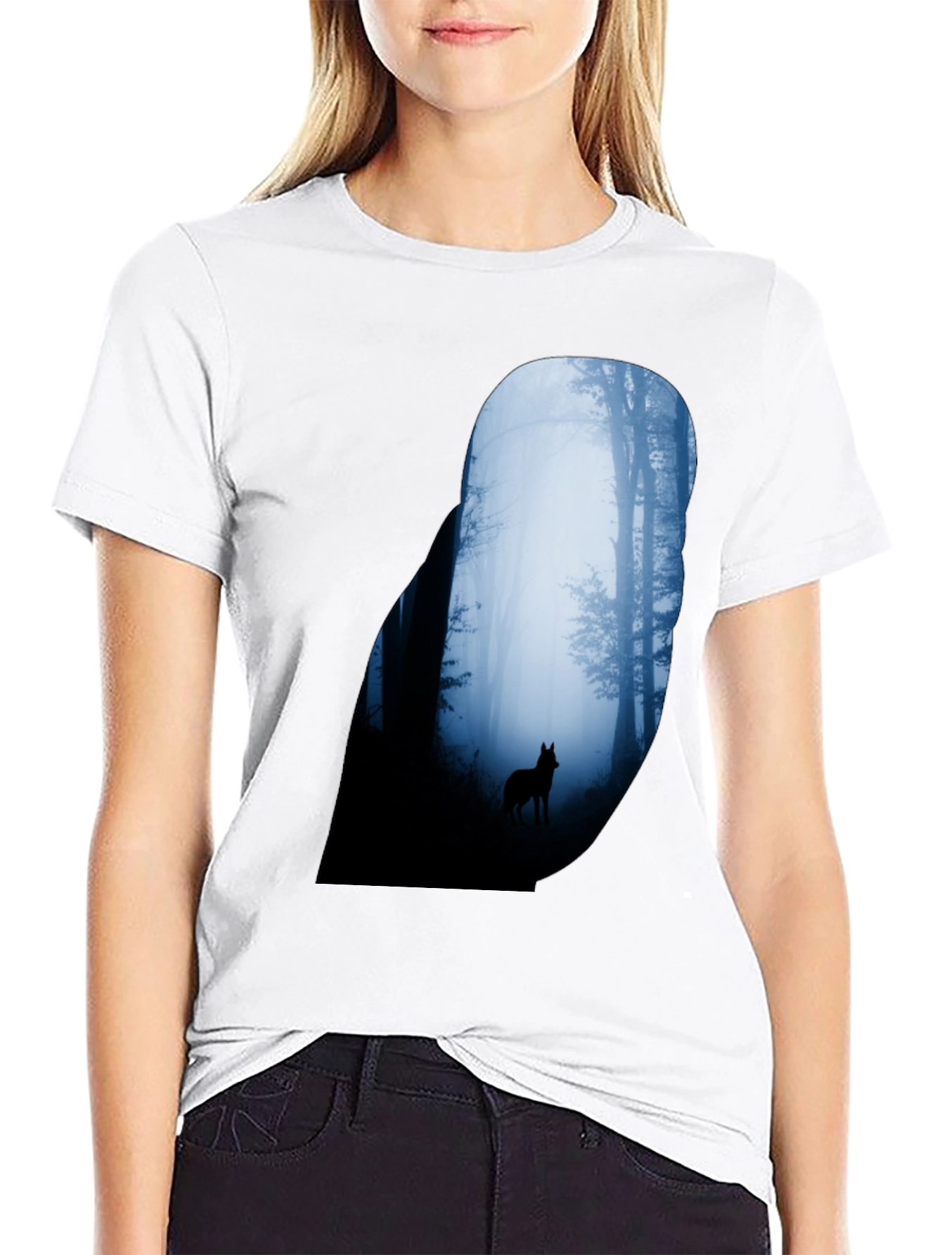 Wolf Silhouette Forest Graphic Tee - Black