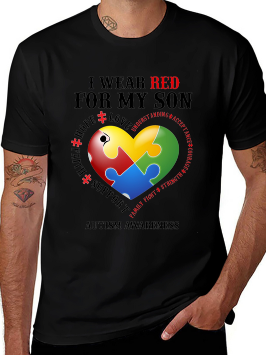 Autism Awareness T-Shirt - I Wear Red For My Son